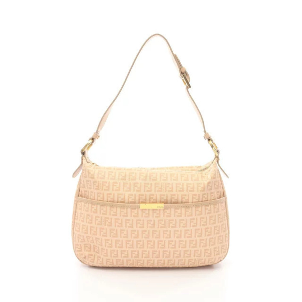 Fendi Zucchino Shoulder Bag Canvas Leather Beige Cream